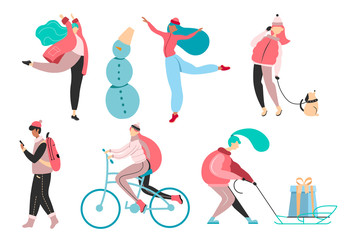 People doing winter activities. Set of male and female characters outdoor in winter clothes. Cute vector illustration in scandinavian hand drawn flat style
