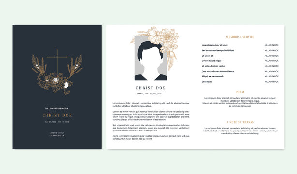 Floral memorial and funeral invitation card template design, anemone and leaves, dark blue and brown tones