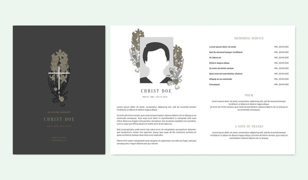 Floral memorial and funeral invitation card template design, hyacinth flowers and leaves, dark grey and brown tones