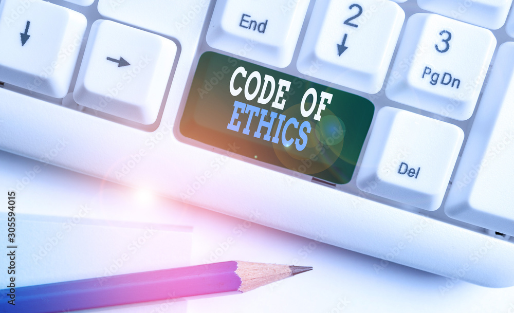 Poster text sign showing code of ethics. business photo showcasing moral rules ethical integrity honesty go