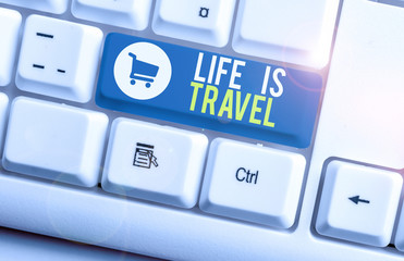 Word writing text Life Is Travel. Business photo showcasing Exposure to the diversity Tourism Promoting Landmarks White pc keyboard with empty note paper above white background key copy space