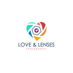 Abstract photo camera with heart lens. Vector logo icon template. Design concept for wedding photographer. Love story photo symbol.