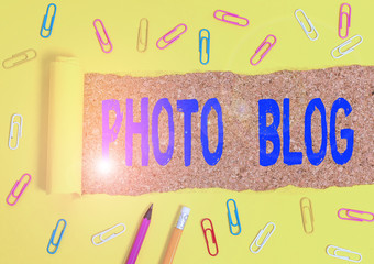 Conceptual hand writing showing Photo Blog. Concept meaning form of photo sharing and publishing in...