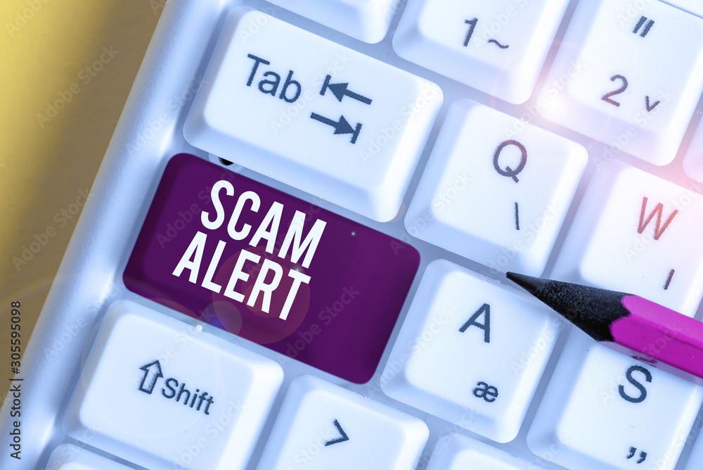 Poster word writing text scam alert. business photo showcasing warning someone about scheme or fraud notice