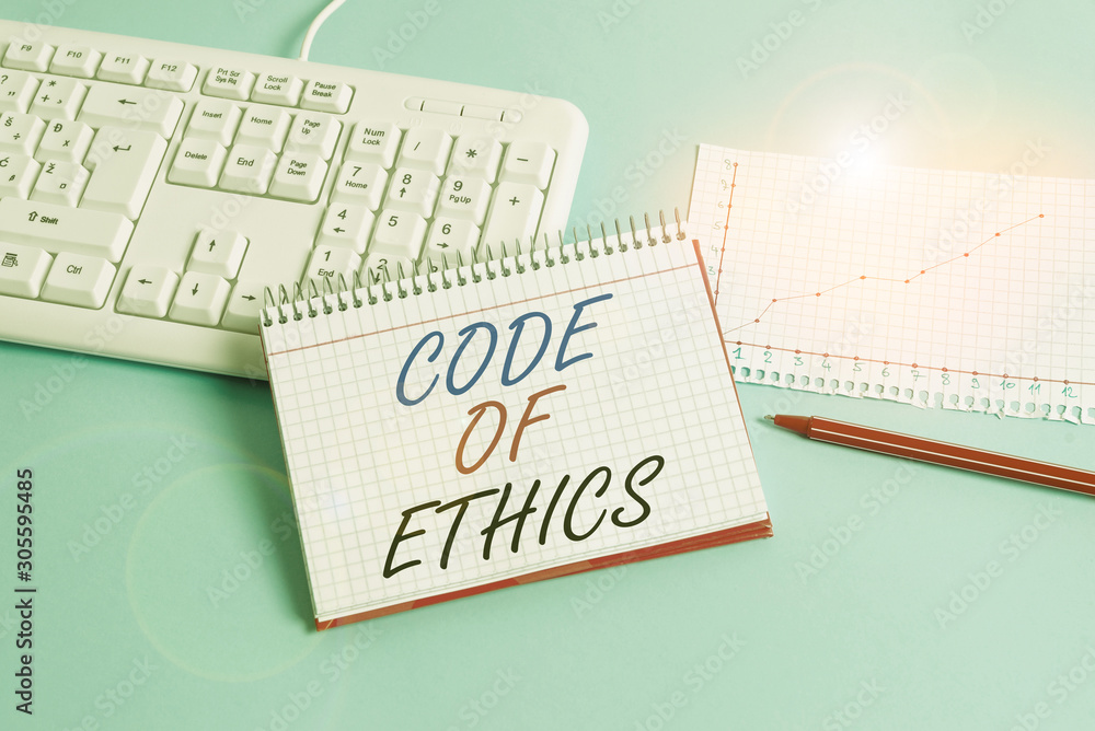 Poster text sign showing code of ethics. business photo showcasing moral rules ethical integrity honesty go