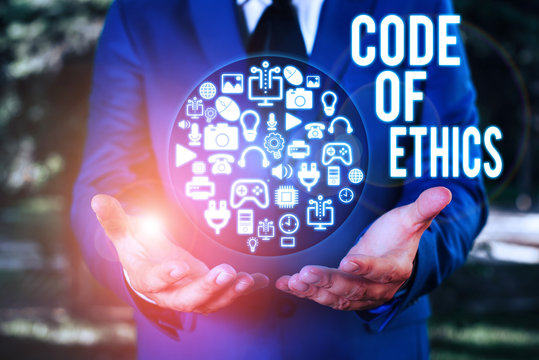 Text sign showing Code Of Ethics. Business photo showcasing Moral Rules Ethical Integrity Honesty Good procedure