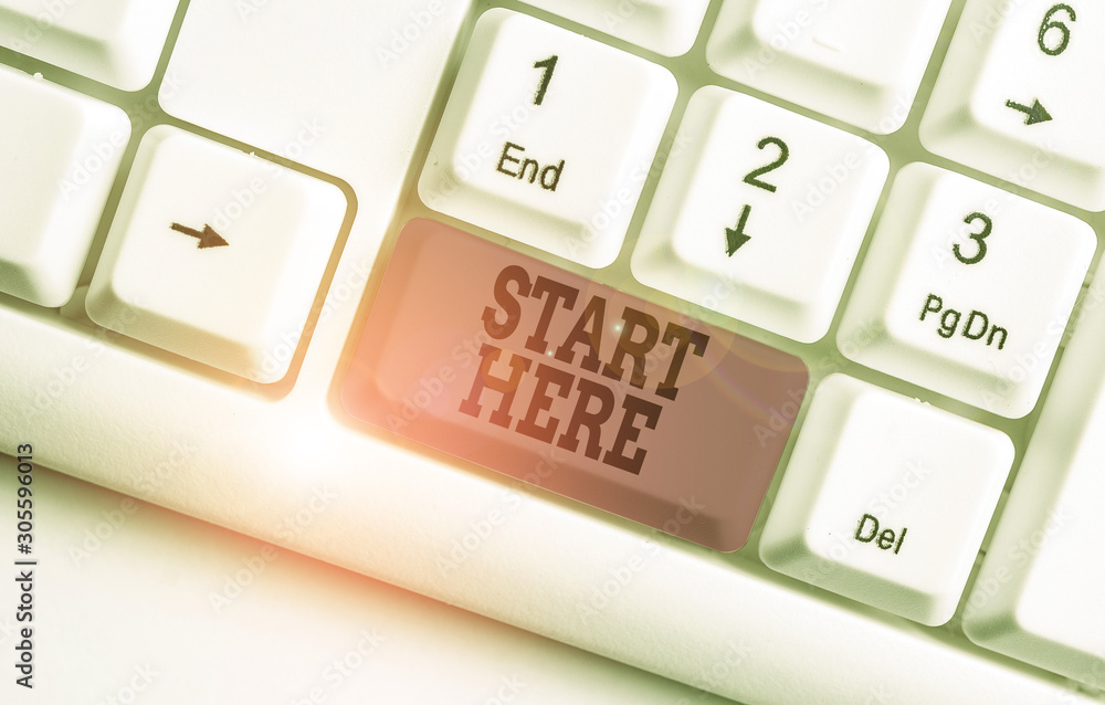 Aufkleber word writing text start here. business photo showcasing telling someone this is beginning point to g