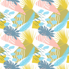 Fototapeta na wymiar Bright, multi-color seamless pattern with elements of tropical leaves, animal elements. Figure skin leopard, tiger, zebra. Modern abstract collage.