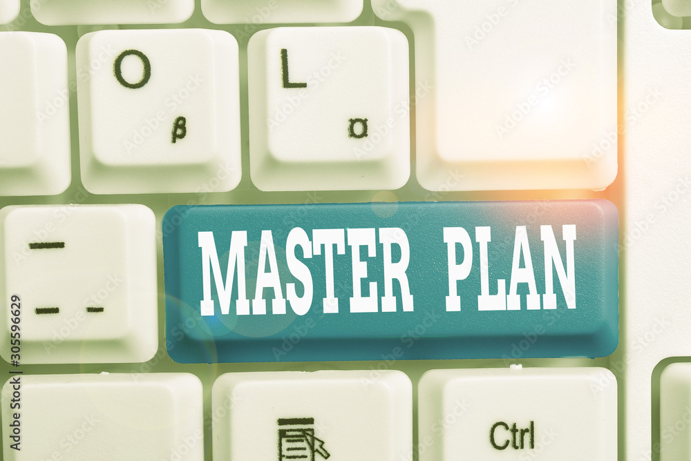 Poster handwriting text writing master plan. conceptual photo dynamic longterm planning document comprehens