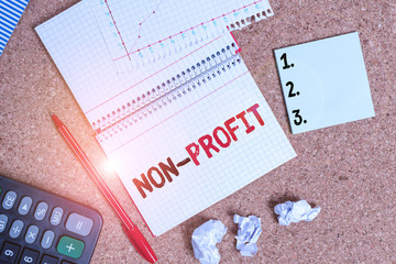 Writing note showing Non Profit. Business concept for type of organization that does not earn...