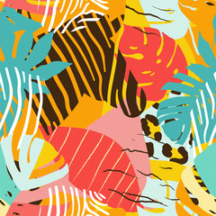 Helder, meerkleurig naadloos patroon met elementen van tropische bladeren, dierlijke elementen. Figuurhuid luipaard, tijger, zebra. Moderne abstracte collage.