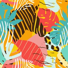 Fototapete Farbenfroh Helles, mehrfarbiges, nahtloses Muster mit Elementen aus tropischen Blättern, Tierelementen. Figurenhaut Leopard, Tiger, Zebra. Moderne abstrakte Collage.