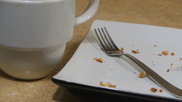 Placing fork on empty plate with crumbs
