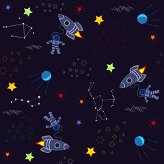 Vector illustration, seamless pattern with the image space, rocket, cosmonaut and satellites, a dark Burgundy background, vector