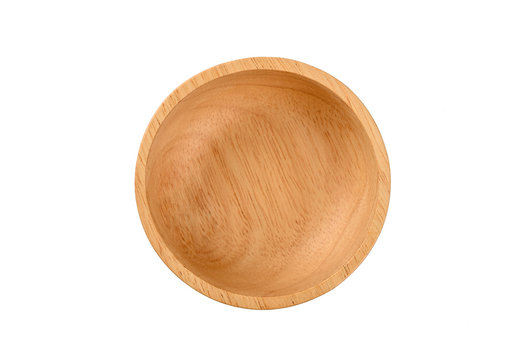 Empty wooden bowl on white background.