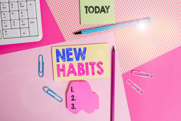 Writing note showing New Habits. Business concept for change the routine of behavior that is repeated regularly Writing equipments and computer stuffs placed above colored plain table
