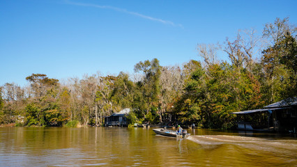 A cajun fisherman in a small boat makes his way down the Pearl River in Louisiana near a cajun fishing camp. 