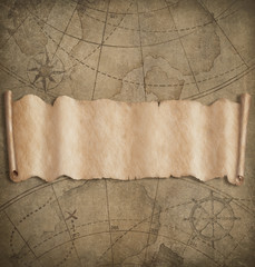 Old map background with blank scroll paper banner
