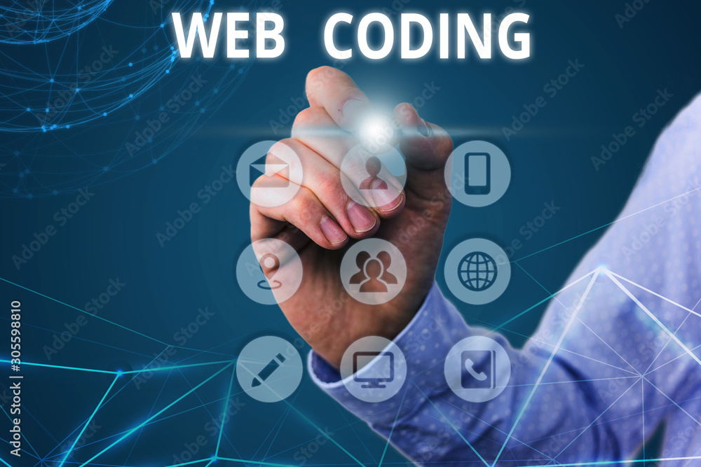 Poster conceptual hand writing showing web coding. concept meaning work involved in developing a web site f