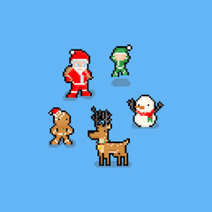 Pixel art funny cartoon christmas character set