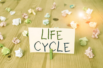 Conceptual hand writing showing Life Cycle. Concept meaning the series of changes in the life of an organism and animals Colored crumpled papers wooden floor background clothespin
