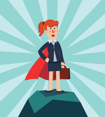 Super Business woman. Cartoon superhero standing with cape waving in the wind. Successful hero businesswoman. Success, leadership and victory in business vector concept