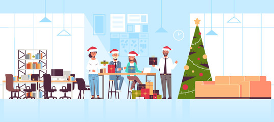 business people celebrating corporate party coworkers holding gift present boxes merry christmas happy new year winter holidays concept modern office interior flat full length horizontal vector