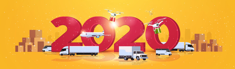 shipping delivery truck quadcopter plane cargo transport global logistic network concept horizontal 2020 cardrboard boxes background horizontal vector illustration