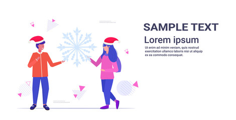 Fototapeta premium couple in santa hats holding snowflake merry christmas happy new year winter holidays celebration concept man woman standing together copy space horizontal full length vector illustration