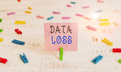 Writing note showing Data Loss. Business concept for process or event that results in data being corrupted and deleted Green clothespin white wood background reminder office supply