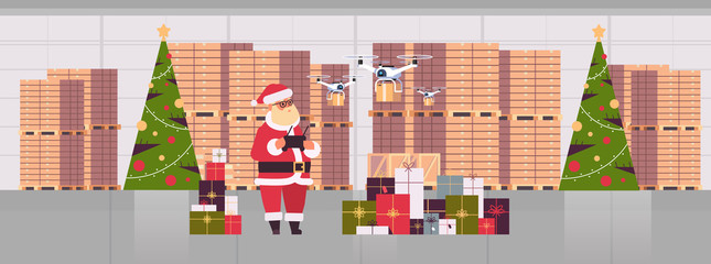santa claus holding remove controller drone with gift present boxes flying in modern warehouse interior christmas holidays celebration concept full length horizontal vector illustration