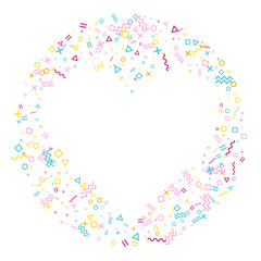 Memphis style geometric confetti vector background with triangle, circle, square shapes, zigzag and wavy line ribbons. 