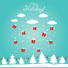 Cute winter holiday background with Christmas tree decorating with holiday toys, snowflakes and presents. Funny Christmas and New Year vector illustration