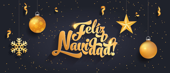 Feliz Navidad - Merry Christmas black background illustration in Spanish language