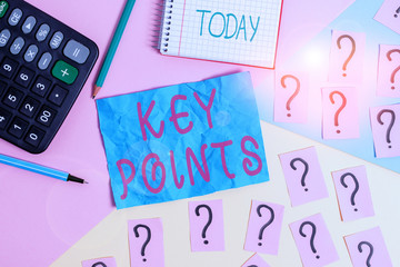 Handwriting text writing Key Points. Conceptual photo most important piece of information that is said or written Mathematics stuff and writing equipment above pastel colours background