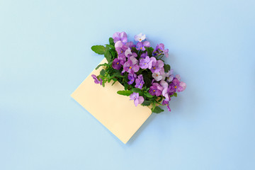 Beautiful viola flowers on pale yellow envelope. Flat lay, top view, space for text.