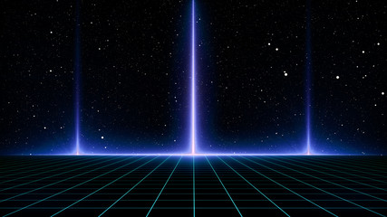 Retro Sci-Fi Background Futuristic Grid landscape of the 80`s. Digital Cyber Surface. Suitable for design in the style of the 1980`s. 3D illustration