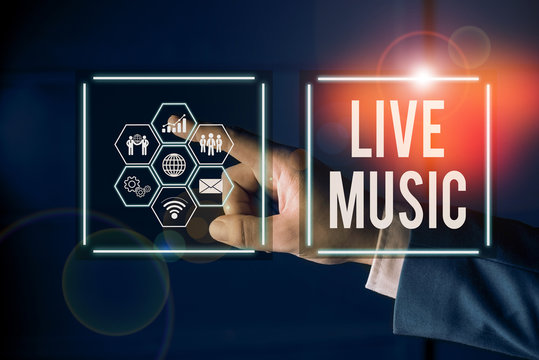 Writing note showing Live Music. Business concept for perforanalysisce given by one or more singers or instrumentalists Picture photo network scheme with modern smart device