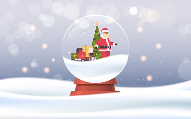 santa claus pulling trolley cart with gift boxes in magic glass ball merry christmas happy new year winter holidays celebration concept snowfall background greeting card horizontal vector illustration