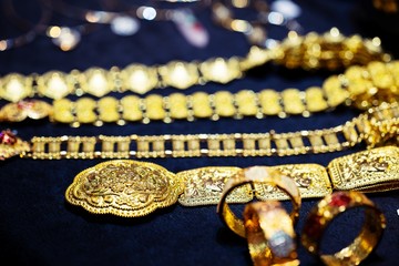 Beautiful vintage gold belts pattern detailed thai style fashion close up