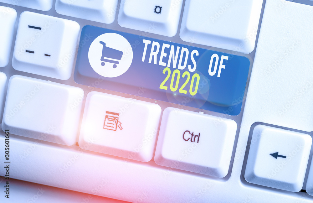 Aufkleber word writing text trends of 2020. business photo showcasing things that is famous for short period o