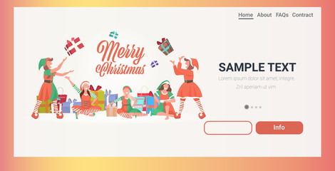 female elves team throwing gift present boxes merry christmas happy new year winter holidays celebration concept greeting card horizontal full length copy space vector illustration