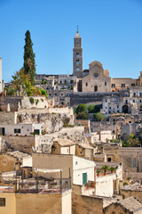 The old town of Matera in Italy with the cathedral in the back