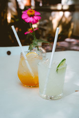 glass of juice on wooden table