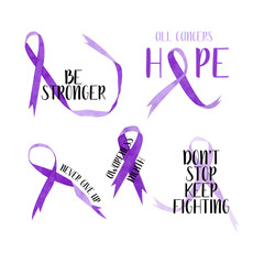 Watercolor set with lavender awareness ribbons. All cancers ribbon, on white background. 