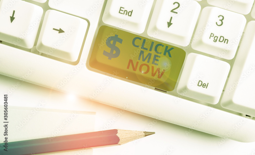 Poster handwriting text click me now. conceptual photo internet helping desk press the button online icon n
