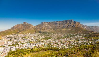 Fototapeta na wymiar Wide angle view of Table Mountain from Signal Hill in Cape Town