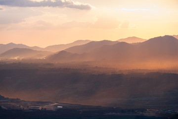 Landscape sunset sky view of Mae Moh Coal Mine Pit Lampang Thailand.