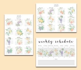 Vertical and horizontal calendars 2020 with watercolor fruits, A4 format. Week begins from Monday. Planner for important dates, calendar for birthdays. Perfect for organizing events