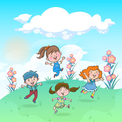 Obraz na płótnie Canvas Children run and play happily in the flower garden. Shady atmosphere, soft sunlight.hand drawn style vector design illustrations.